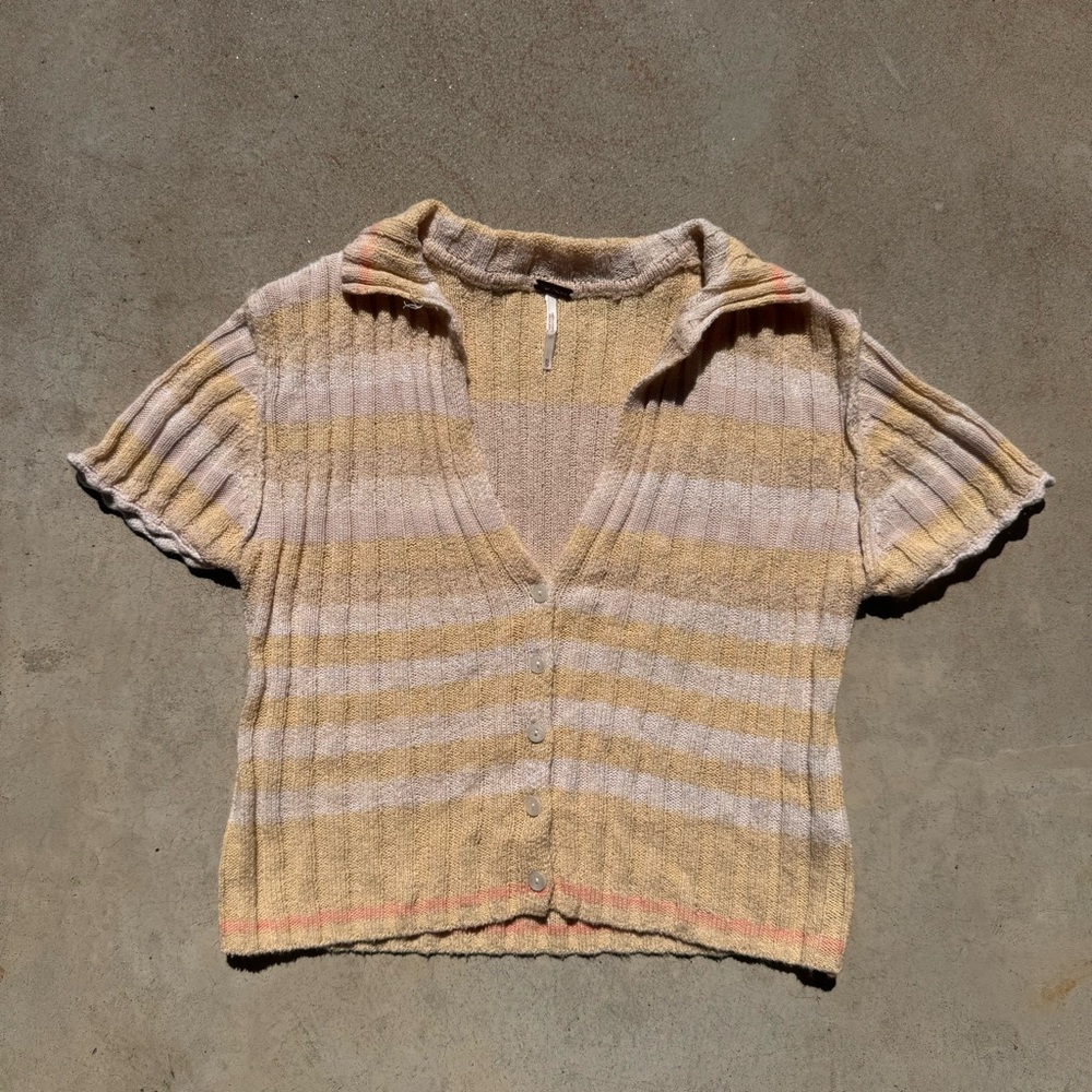 Free People Textured Knit Short-Sleeve Top in Soft Yellow & Cream